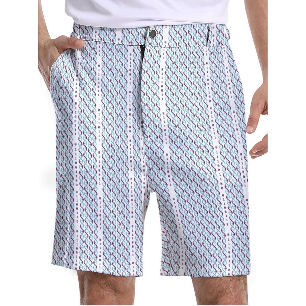 Men's Athletic Patterned Golf Shorts - White with Blue & Purple Accents Large